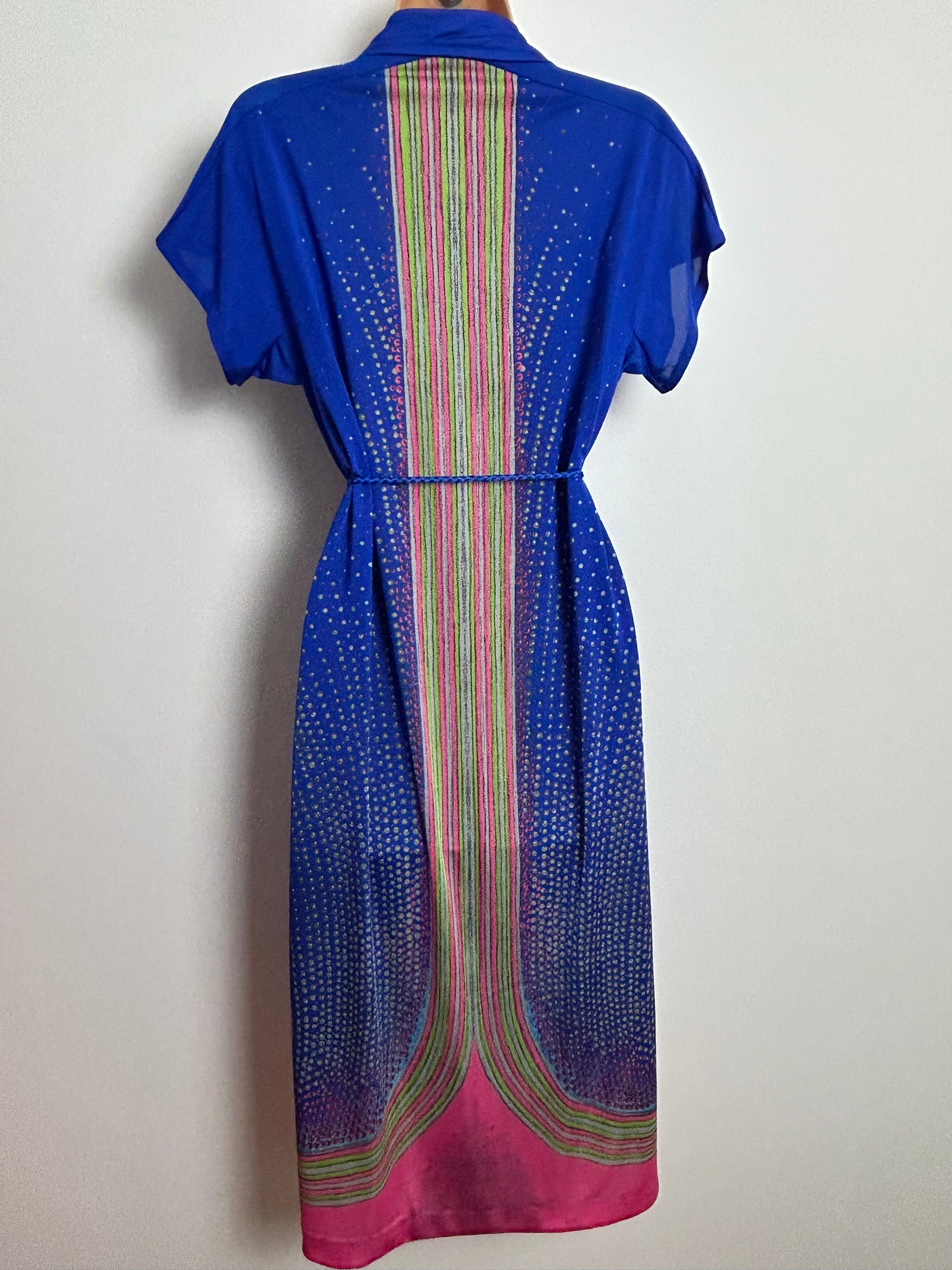 Vintage 1970s Super Rare PRINCESS RASPANTI Size 12-14 Blue Pink & Green Print Dagger Collar Belted Dress