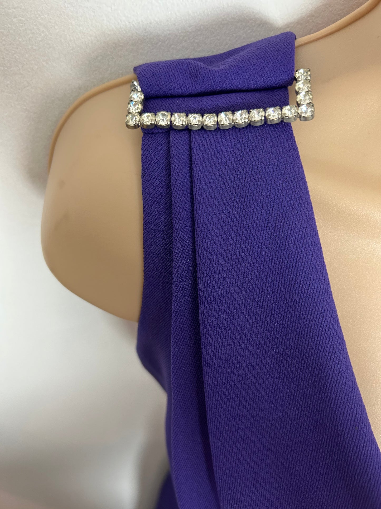 Vintage 1970s UK Size 12 Purple Diamante Shoulder & Brooch Detail Evening Occasion Maxi Dress