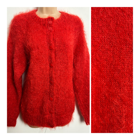 Vintage 1980s Up To Size 14 Orangey Red Mohair Mix Long Sleeve Cardigan