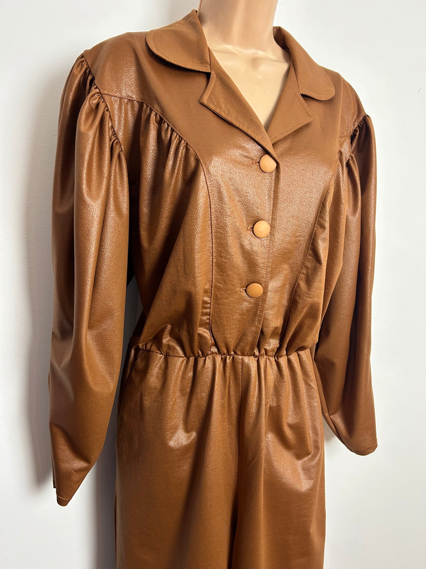 Vintage 1980s Size 12-14 Tan Brown Wet Look Mutton Sleeve Tapered Leg Jumpsuit