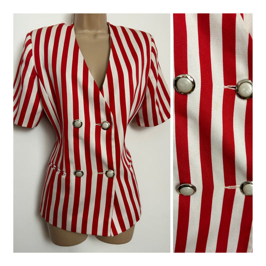 Vintage 1980s J TAYLOR Size 12 Red & White Stripe Print Short Sleeve Double Breasted Blazer