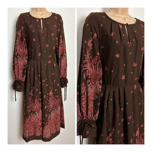 Vintage 1970s DETLEV ALBERS BAZAAR Size 12 Brown & Red Floral Print 100% Wool Long Sleeve Boho Midi Dress