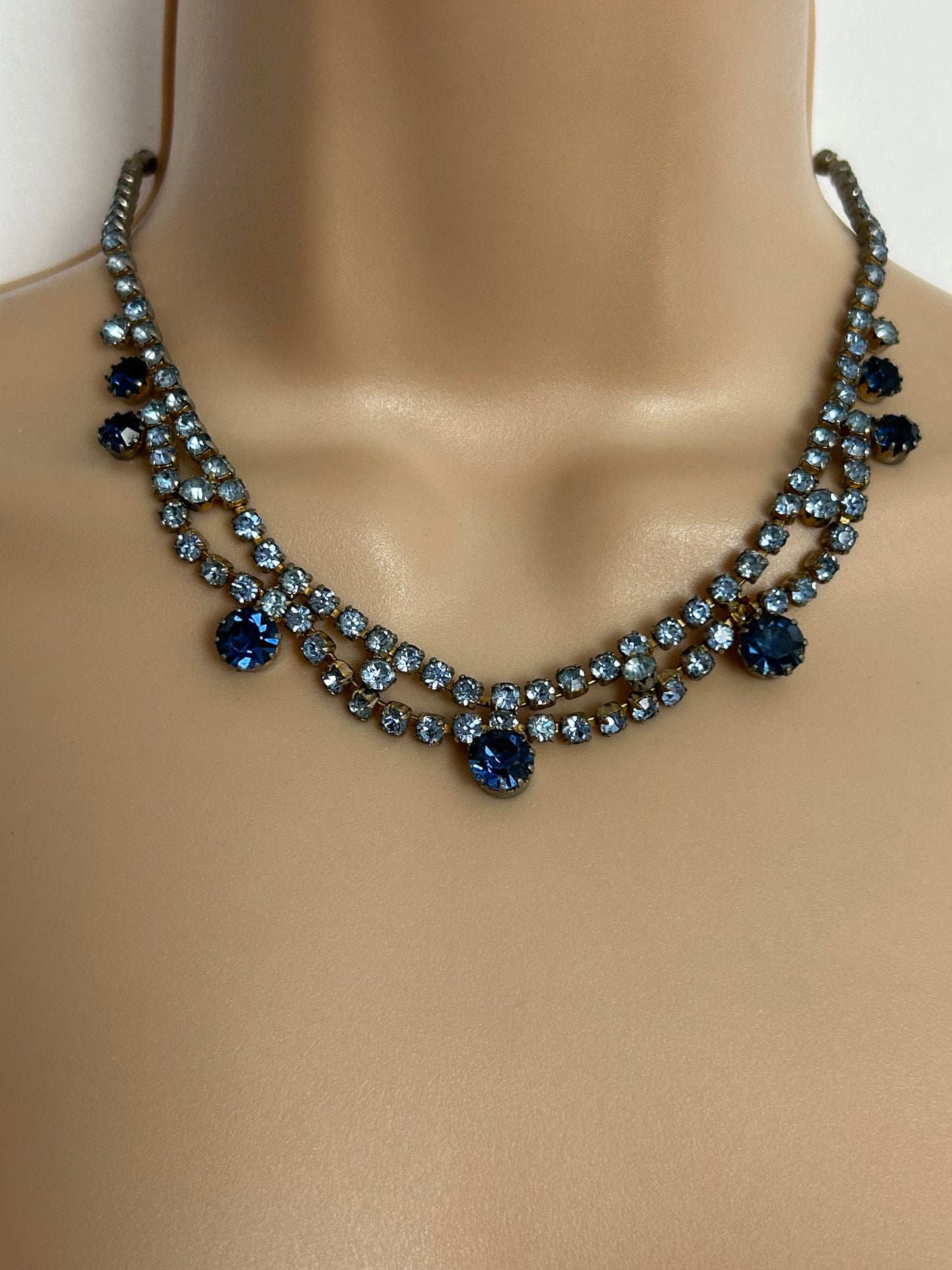 Vintage 1960s Gold Tone & Blue Diamante & Glass Stone Set Necklace