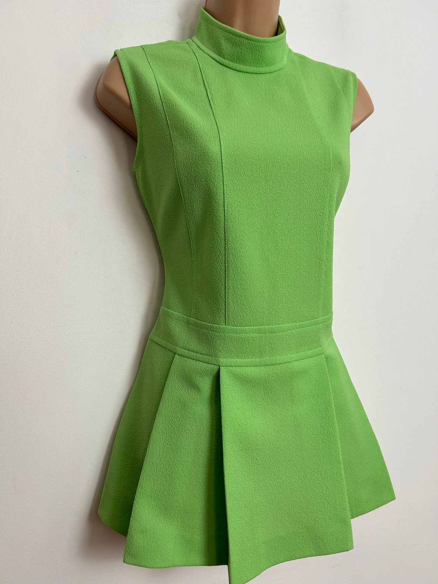 Vintage 1960s UK Size 8-10 Lime Green Crimplene Sleeveless Pleated Mod Micro Mini Dress