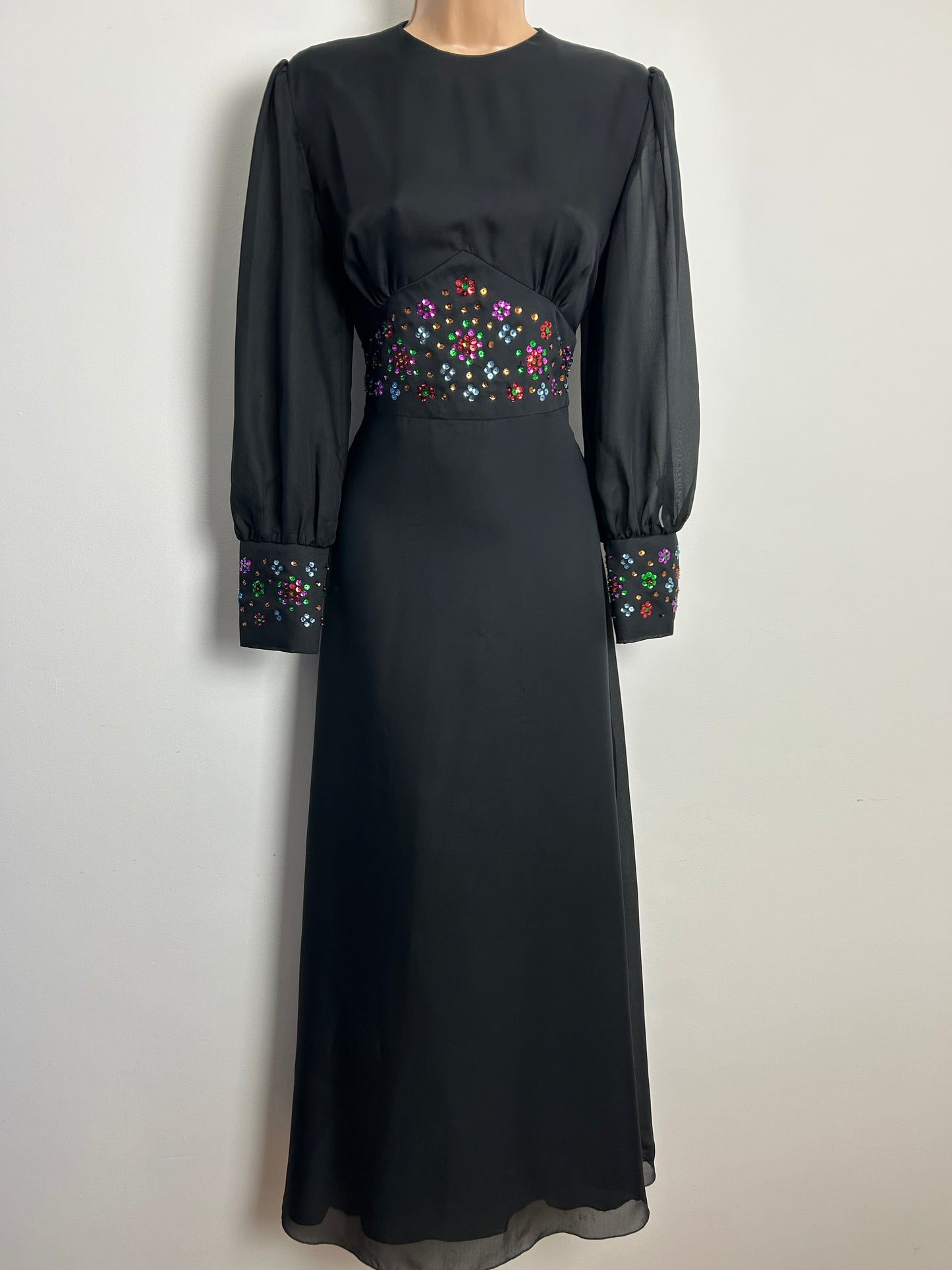 Vintage 1970s KLEEMIER HOFF Size 10 Black Chiffon Multicolour Sequin Detail Long Sleeve Occasion Maxi Dress