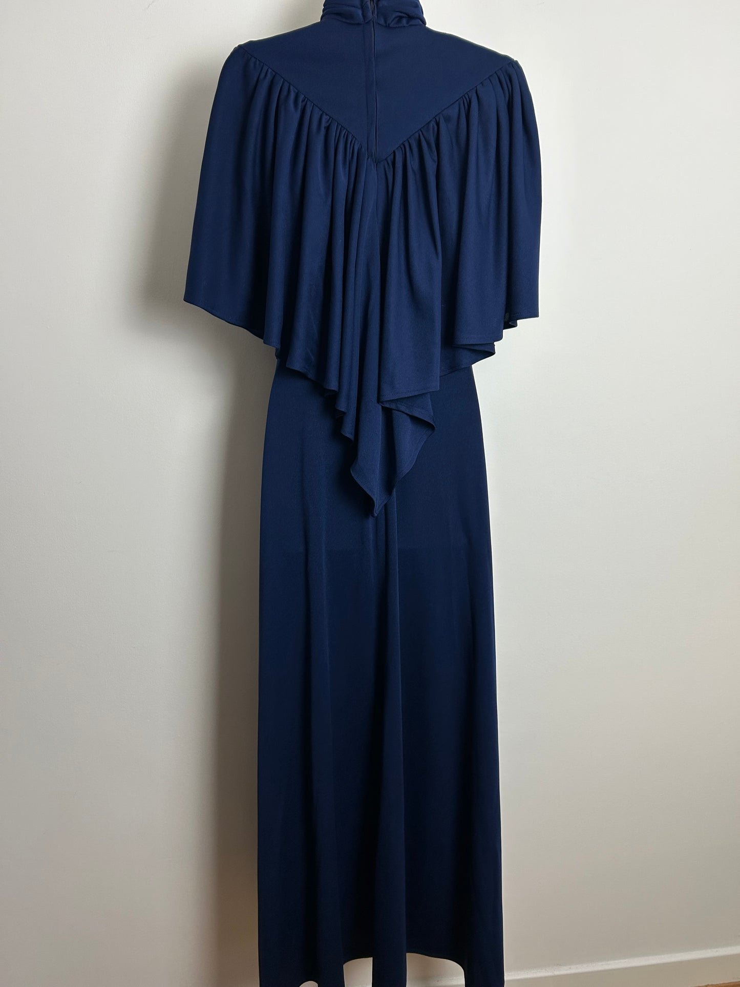 Vintage 1970s C&A Size 10 Navy Blue Cape Sleeve Bertha Collar Evening Occasion Maxi Dress