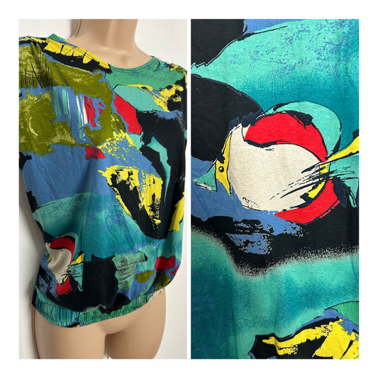 Vintage 1980s Size 14 Green Blue Black & Red Abstract Fish Print Cotton Mix Top