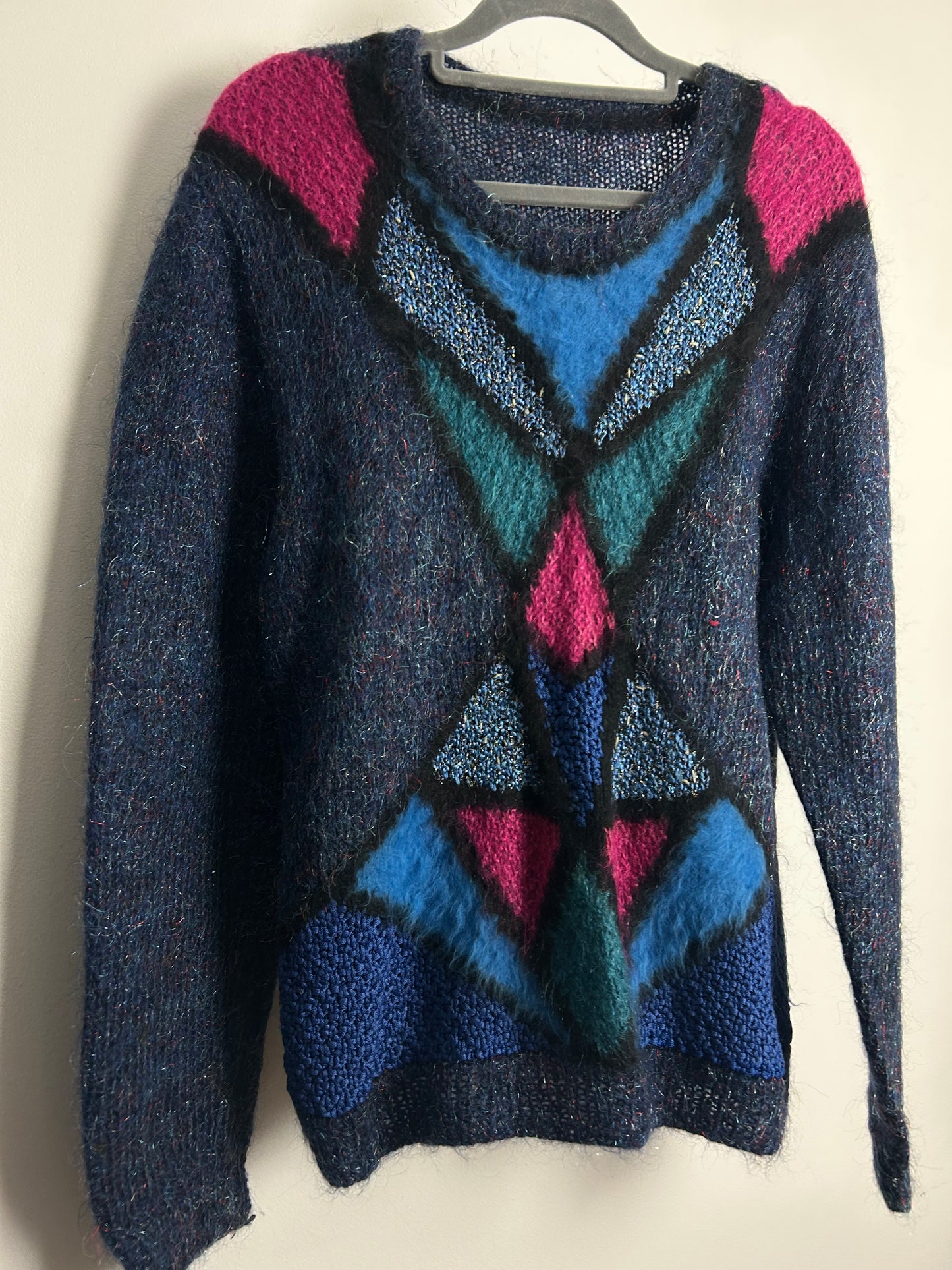 Vintage 1980s One Size Up To Size 16 Blue Pink & Teal Geo Pattern Jumper