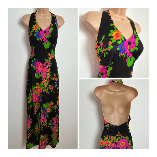 Vintage 1970s Size 14 Black Pink Orange & Green Floral Print Halter Neck Summer Maxi Dress