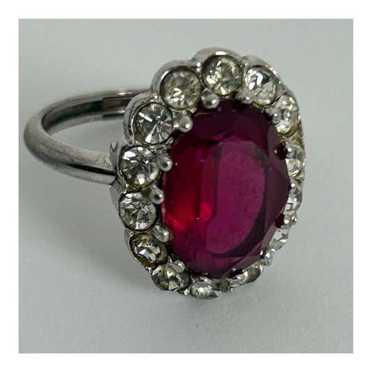 Vintage Silver Tone Red Glass & Diamante Stone Set Cocktail Ring Size T