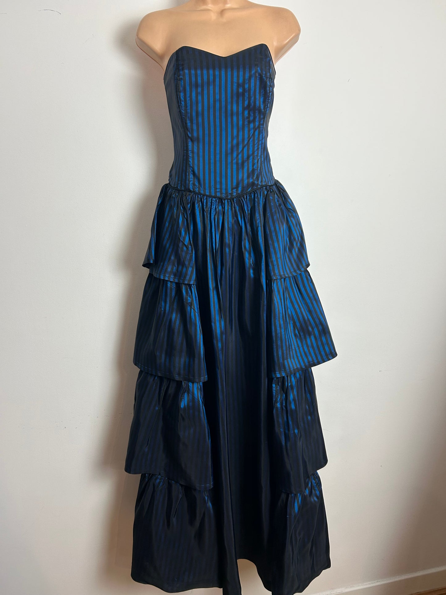 Vintage 1980s LAURA ASHLEY UK Size 10 (Size 14 On Label) Strapless Blue & Black Stripe Tiered Full Length Ballgown