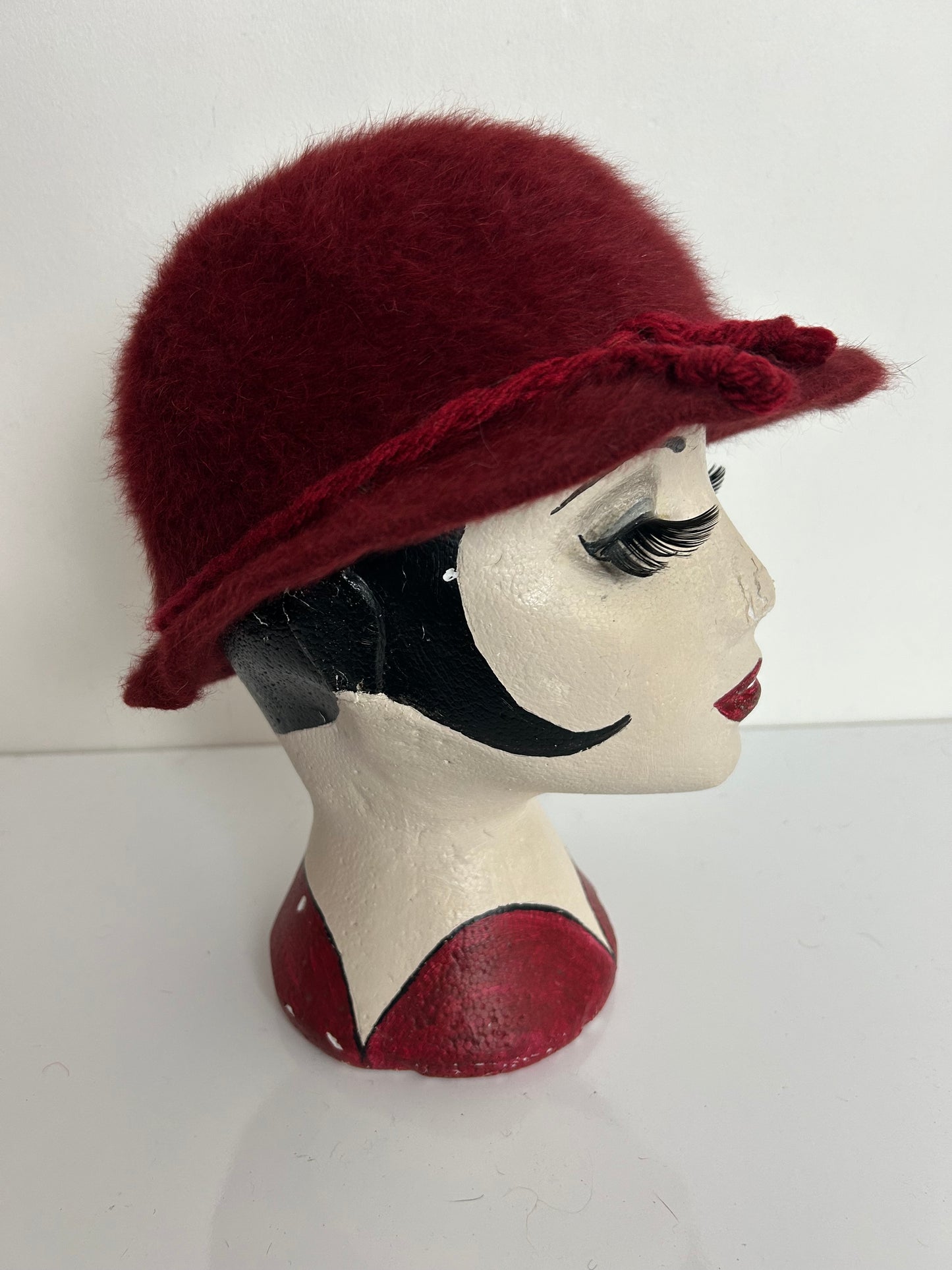 Vintage Austrian CHRISTA LEHNERT Dark Red Angora Wool Rope Trim Trilby Style Hat