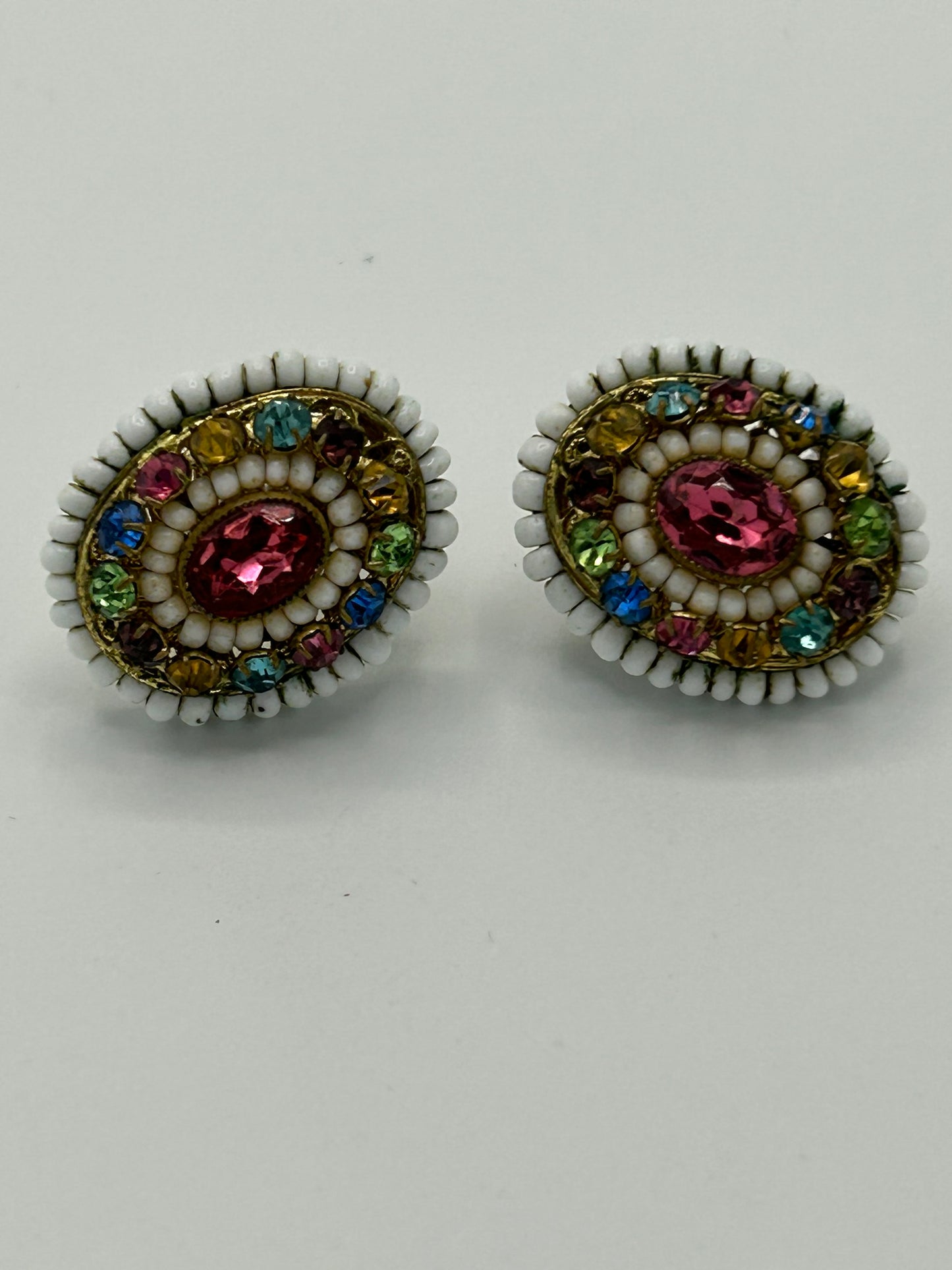 Vintage 1960s Gorgeous Seed Bead & Multicolour Glass Stone Set Oval Screw Back Earrings