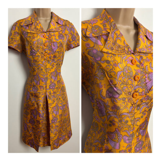 Vintage 1960s Size 10 Cute Orange Lilac & Pink Floral Print Short Sleeve Mod Dress
