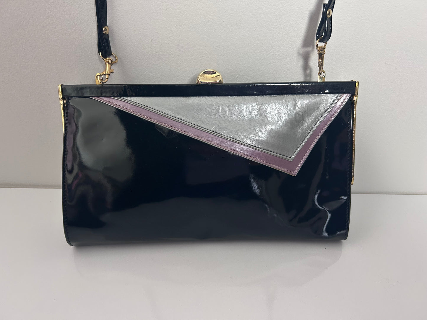 Vintage 1980s RENATA Italian Black Silver & Pink Patent Handbag With Removable Strap