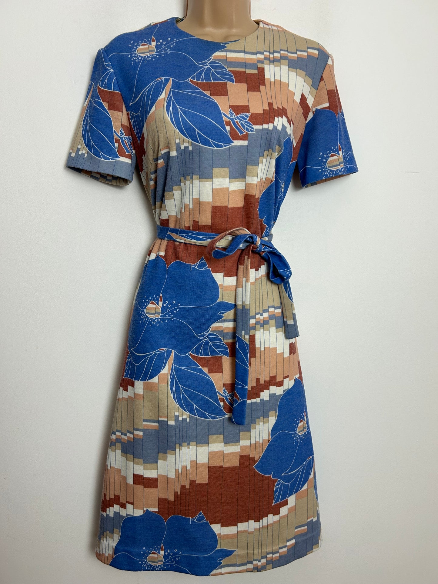 Vintage 1970s JORA MODELL Size 12 Blue Beige & Brown Geo & Floral Print Wool Mix Jersey Belted Day Dress