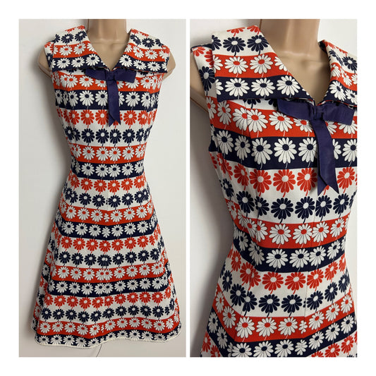 Vintage 1960s ST MICHAEL Size 10-12 White Red & Blue Stripe & Daisy Print Wide Collared Bow Detail Mod Dress