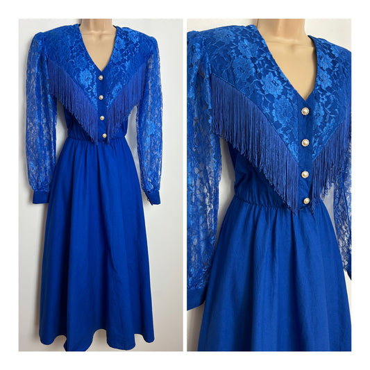 Vintage 1980s LILIA SMITTY Size 8 (US 3/4) Electric Blue Lace & Fringing Trim Western Dress
