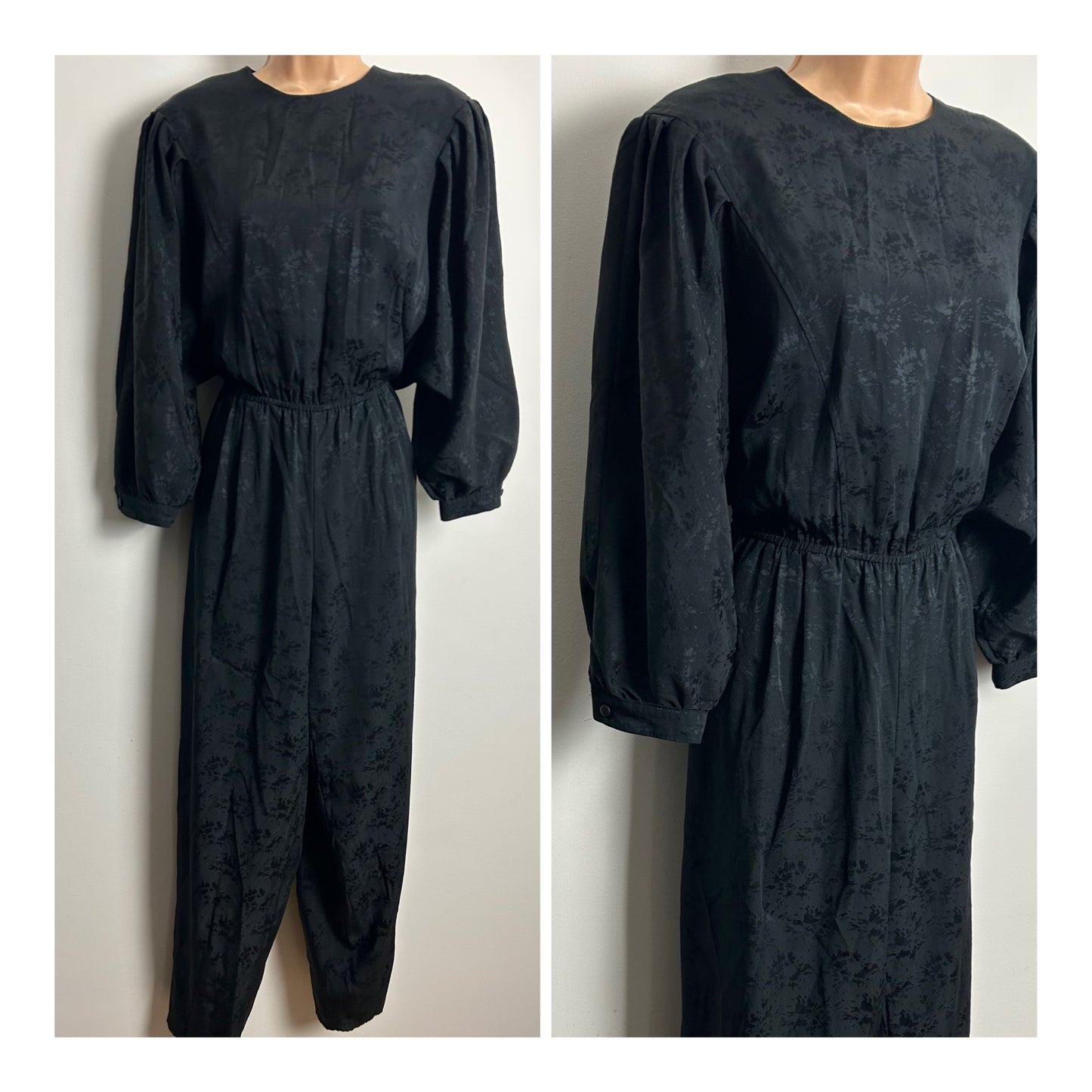 Vintage 1980s YOUR SIXTH SENSE Size 14 Black Abstract Pattern Bat Wing Sleeve Tapered Leg Jumpsuit