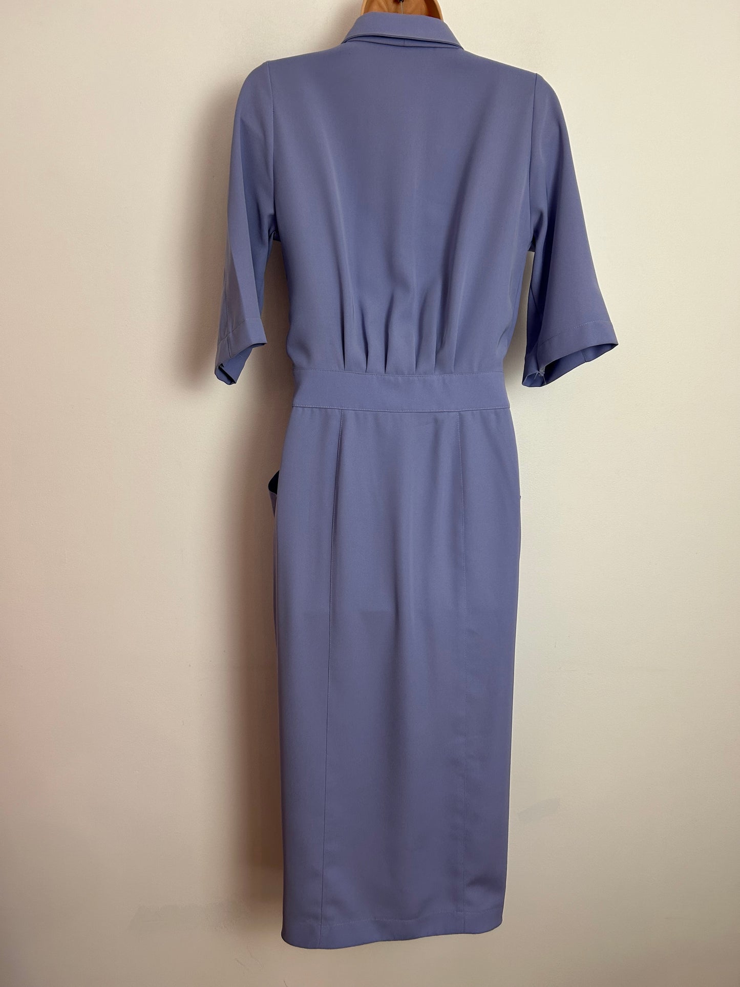 Vintage 1980s DESIGNER THIERRY MUGLER UK Size 8 Lilac Blue Mock Lace Up Detail 1940s Style Dress