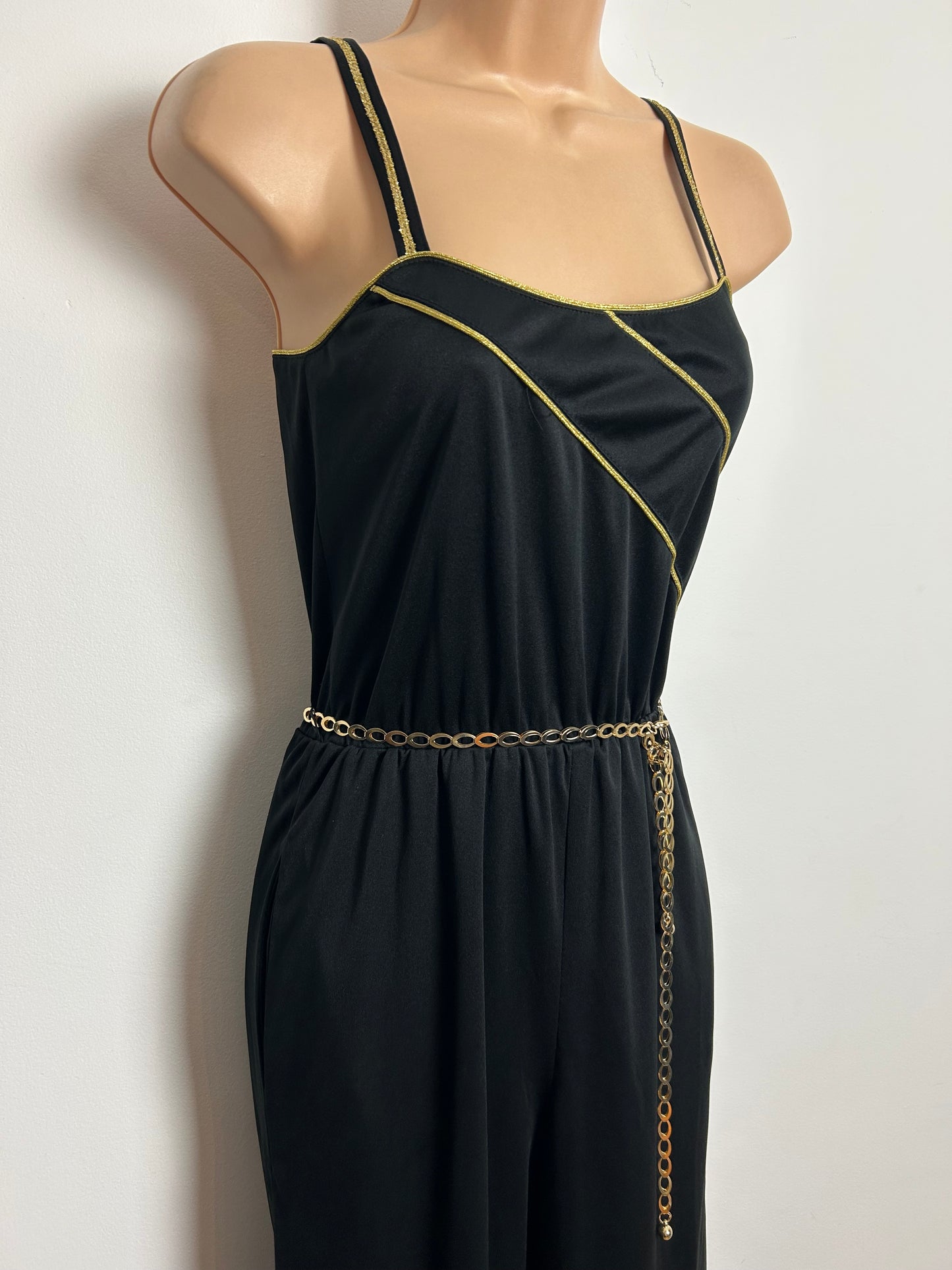 Vintage 1980s Size 6 Black & Metallic Gold Piping Trim Strappy Belted Tapered Evening Party Jumpsuit
