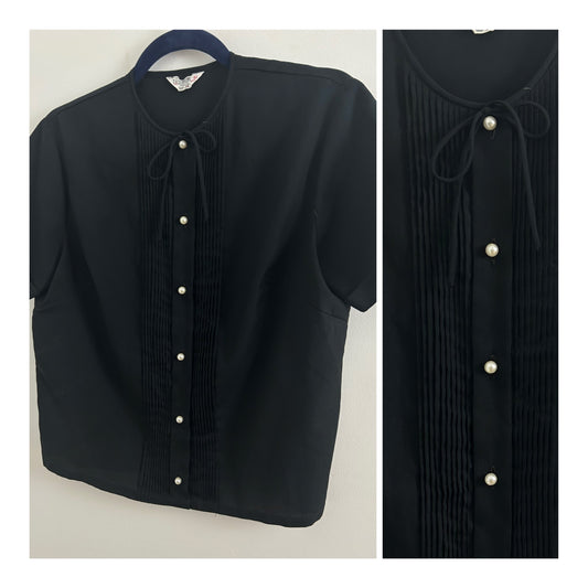 Vintage 1960s Approx Size 14 Black Pleat Detail Short Sleeve Pearl Button Shirt/Top