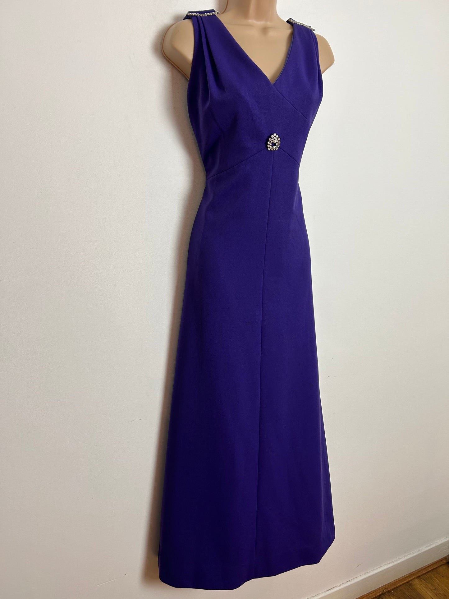 Vintage 1970s UK Size 12 Purple Diamante Shoulder & Brooch Detail Evening Occasion Maxi Dress