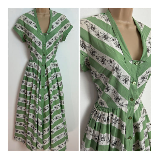 Vintage 1950s HORROCKSES FASHIONS UK Size 8 Pale Green White & Black Floral Stripe Print Cotton RockabillyDress