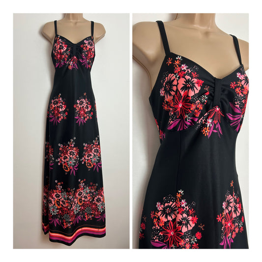 Vintage 1970s Size 6-8 Black Pink Red & Orange Floral & Border Stripe Print Strappy Maxi Dress