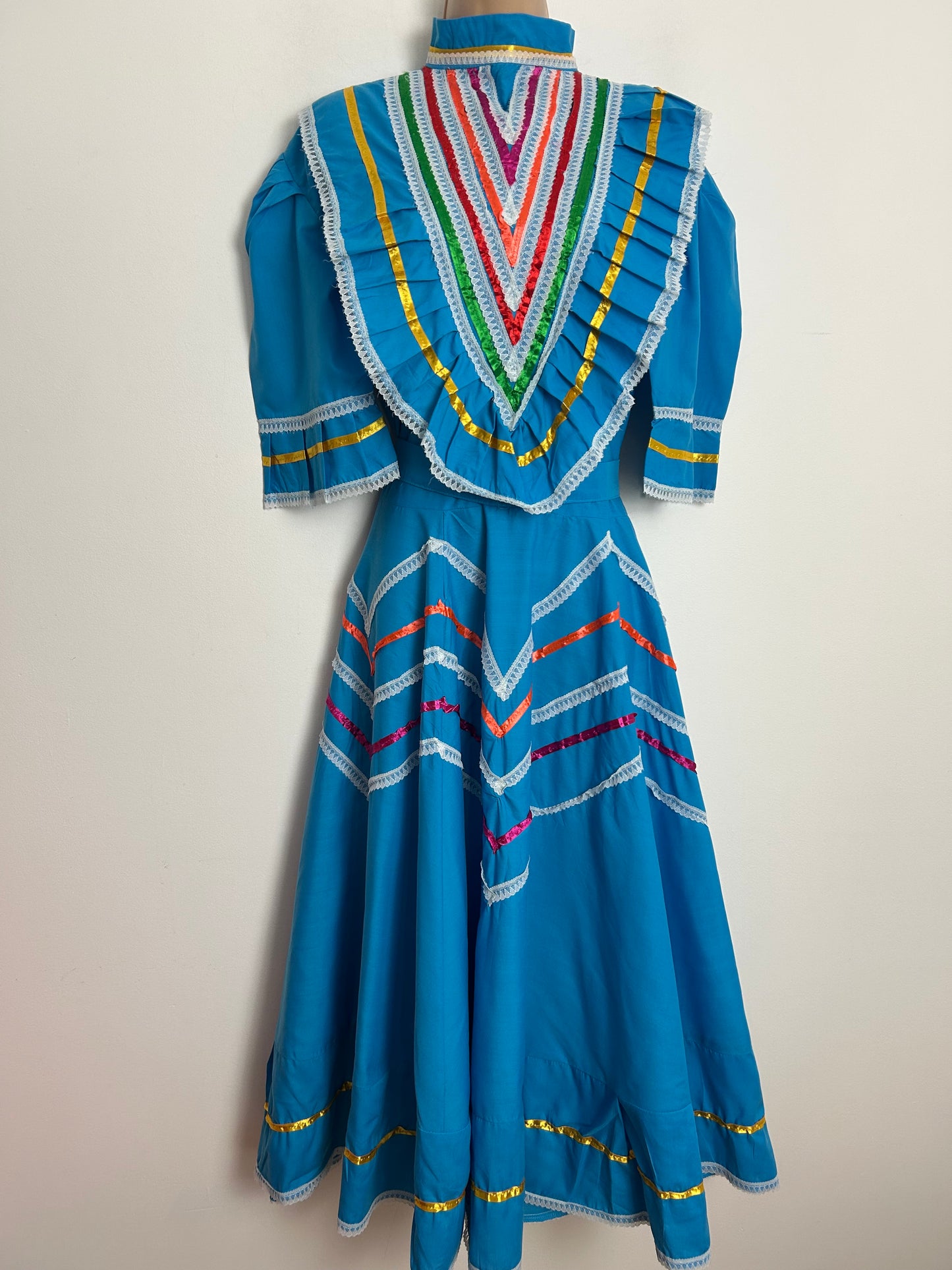 Vintage 1980s CLASSICOS Size 16 Blue Ribbon & Lace Trim Full Circle Mexican Patio Dress