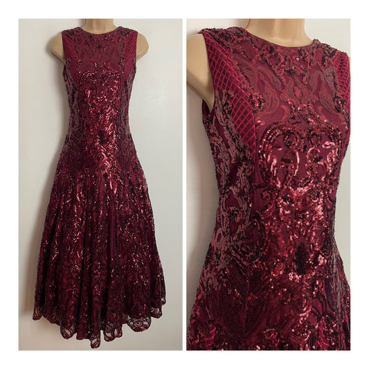 Modern UK Size 8 Beautiful Dark Red Sequin Embellished Xmas Party Occasion Evening Dress