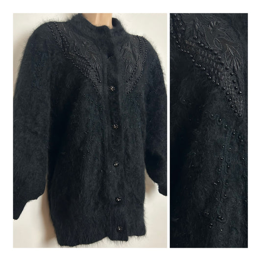 Vintage 1980s LADY N Up To Size 14/16 Black Bead Embellished Angora Mix Oversized Cardigan