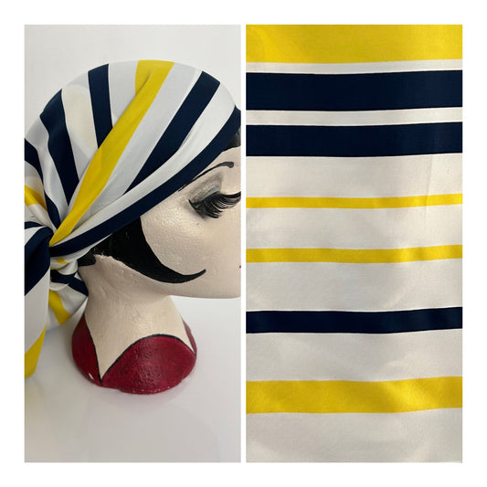 Vintage ROMANO White Navy Blue & Yellow Stripe Print Polyester Scarf 88cm x 92cm