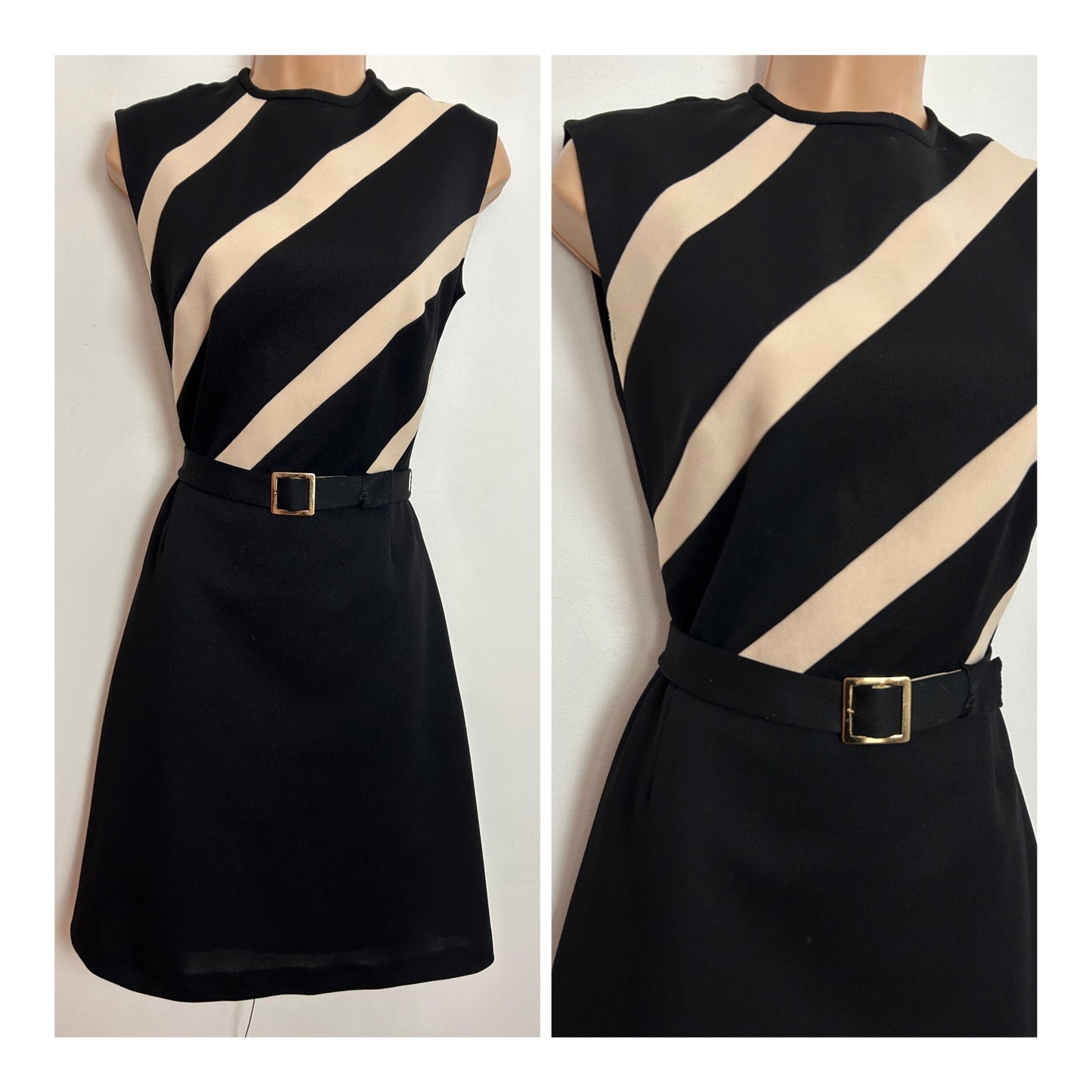 Vintage 1960s UK Size 8 Black & Cream Diagonal Panel Bodice Belted Mod Dress