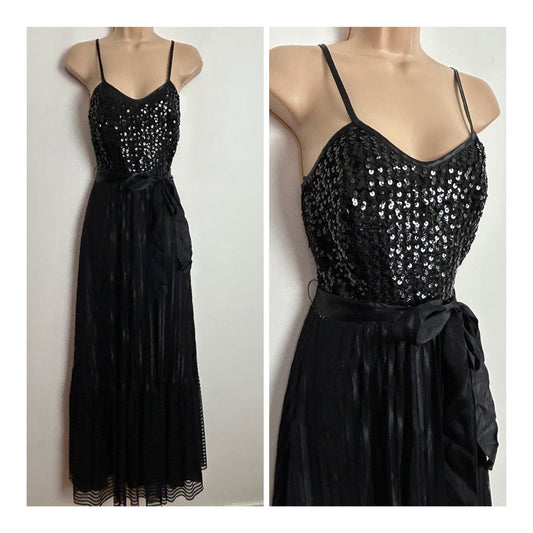 Vintage 1970s VERA MONT UK Size 6 Black Mesh & Sequin Detail Strappy Belted Evening Maxi Dress