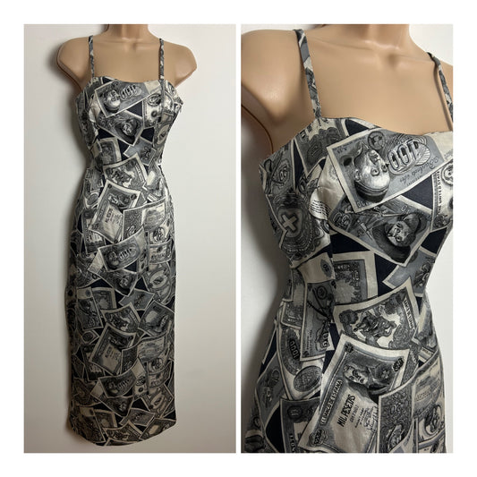 Vintage Late 1950s Early 1960's Size 8 Black Grey & White Bank Notes Novelty Print Strappy Fitted Maxi Dress