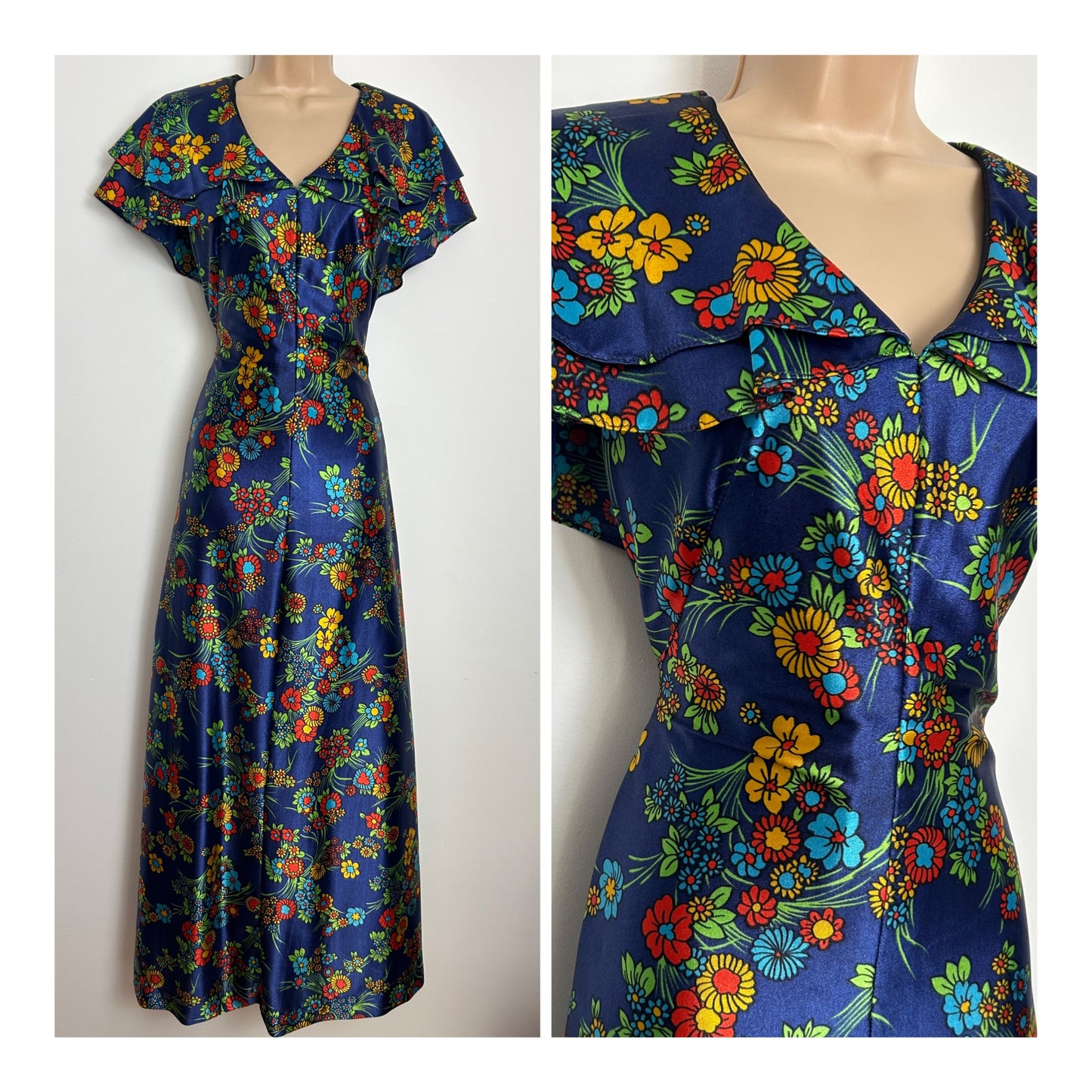 Vintage 1970s 8-10 Dark Blue Yellow Red & Green Floral Print Flutter Sleeve Boho Maxi Dress