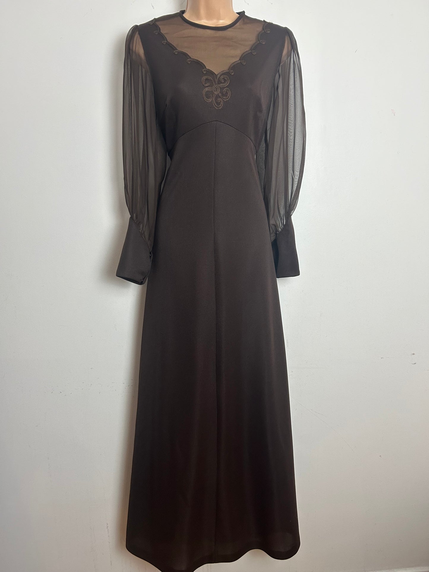 Vintage 1970s Size 10 Chocolate Brown Illusion Neck Long Sleeve Occasion Maxi Dress