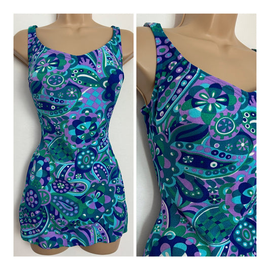 Vintage 1960s UK Size 14 Blue Green & Pink Psychedelic Floral Paisley Print Skirted Swimsuit
