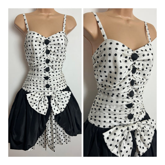 Vintage 1980s CREATION CHOU CHOU Size 10 White & Black Polka Dot Print Party Prom Dress