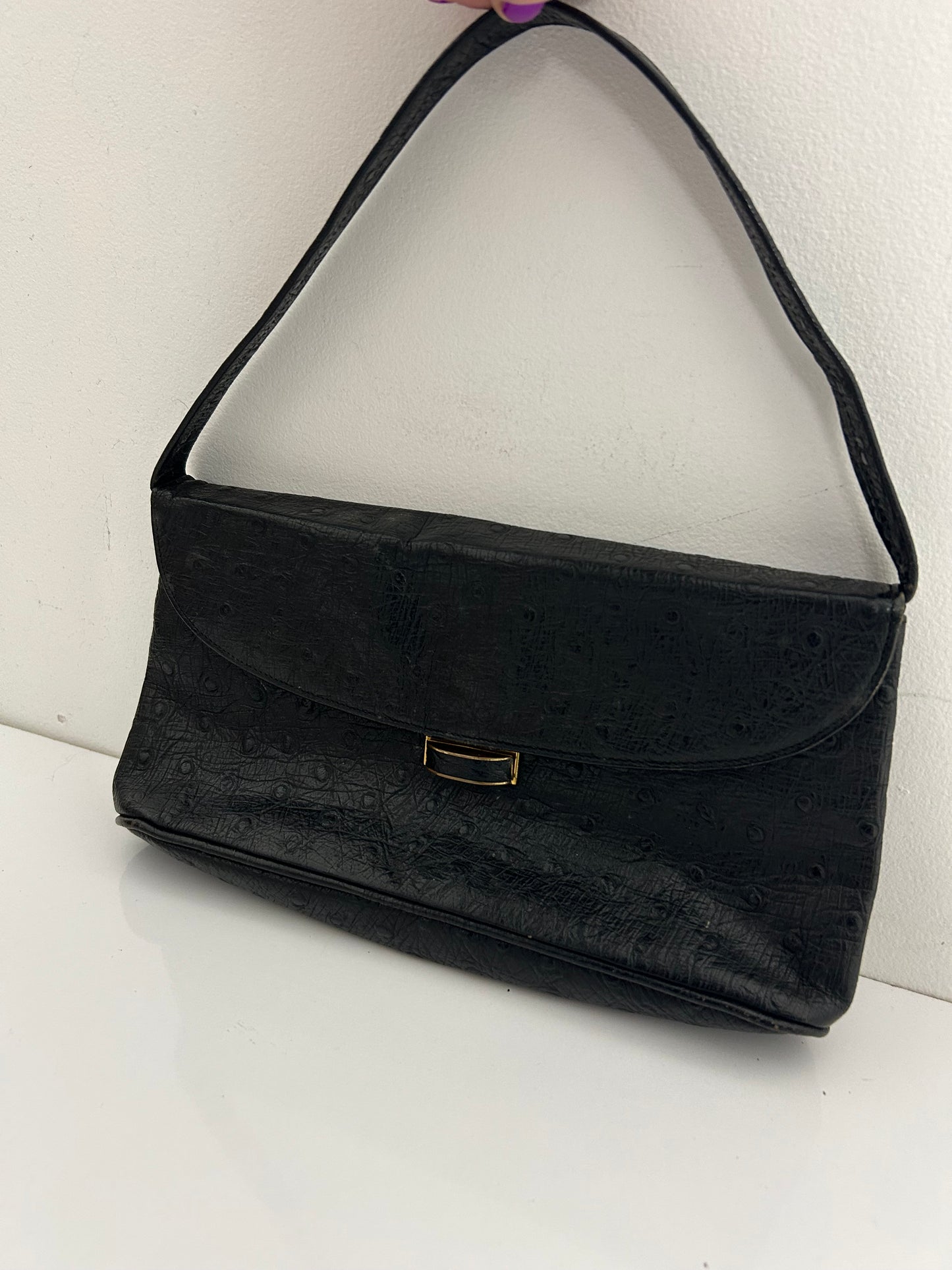 Vintage 1960s Black Ostrich Print Leather Small Handbag