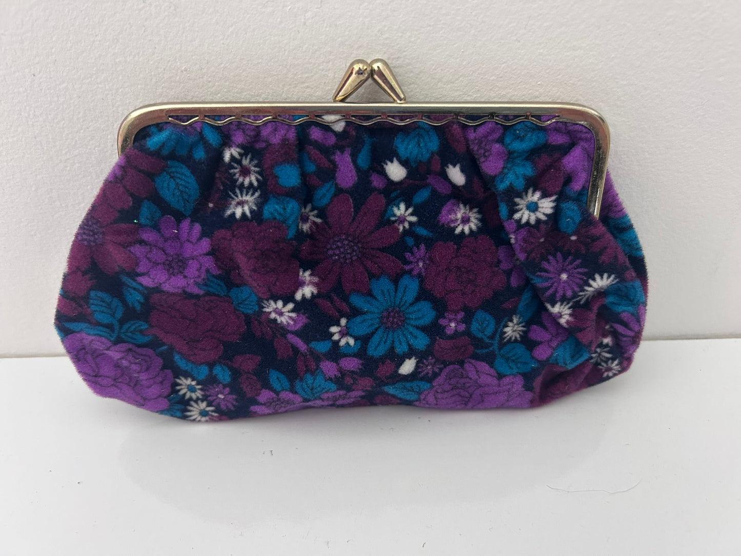 Vintage 1960s Cute Black Purple & Teal Floral Print Small Velour Purse