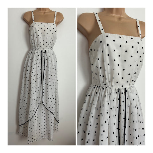 Vintage Early 1980s UK Size 6 White & Black Polka Dot Strappy Belted Gather pleated Layered Summer Occasion Maxi Dress