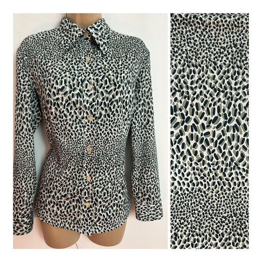 Vintage 1970s CHARLES GUITARO UK Size 14 Green & White Abstract Print Long Sleeve Shirt