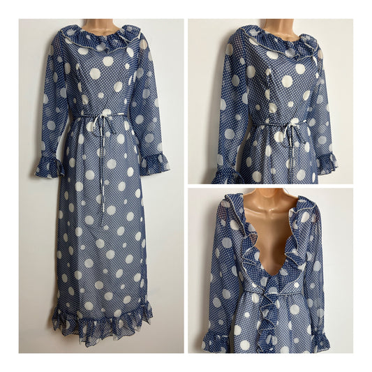 Vintage Early 1970s SUSAN SMALL UK Size 8 Blue & White Polka Dot & Spotty Open Back Ruffle Trim Detail Long Sleeve Maxi Dress