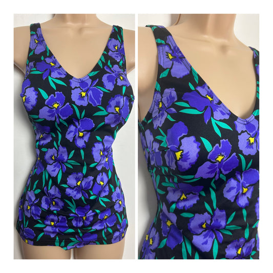 Vintage Late 1970s Size 14 Black & Purple Iris Floral Print Moulded Cups Skirted Swimsuit