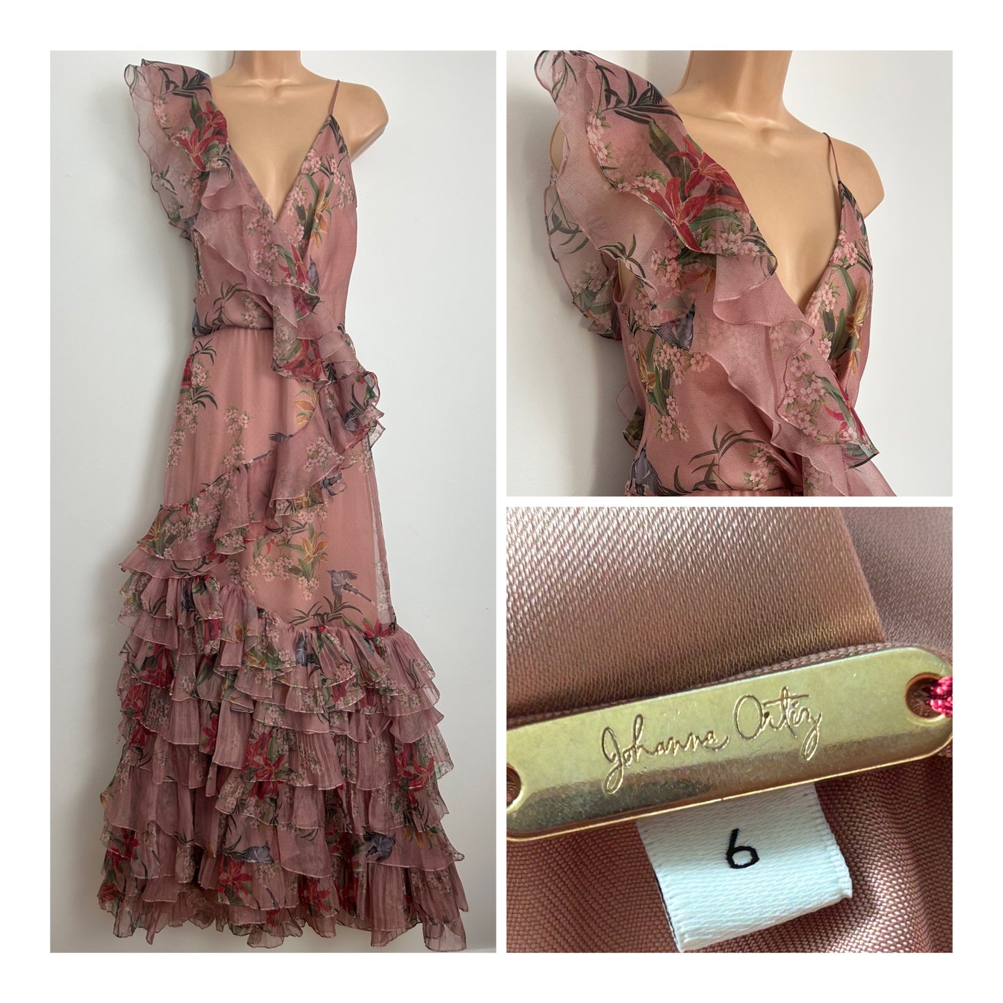 Designer JOHANNE ORTIZ Size 10 (US 6) Pale Pink Floral & Bird Print 100% Silk Ruffle Trim "The Place Of Silent Dress Occasion Maxi Dress