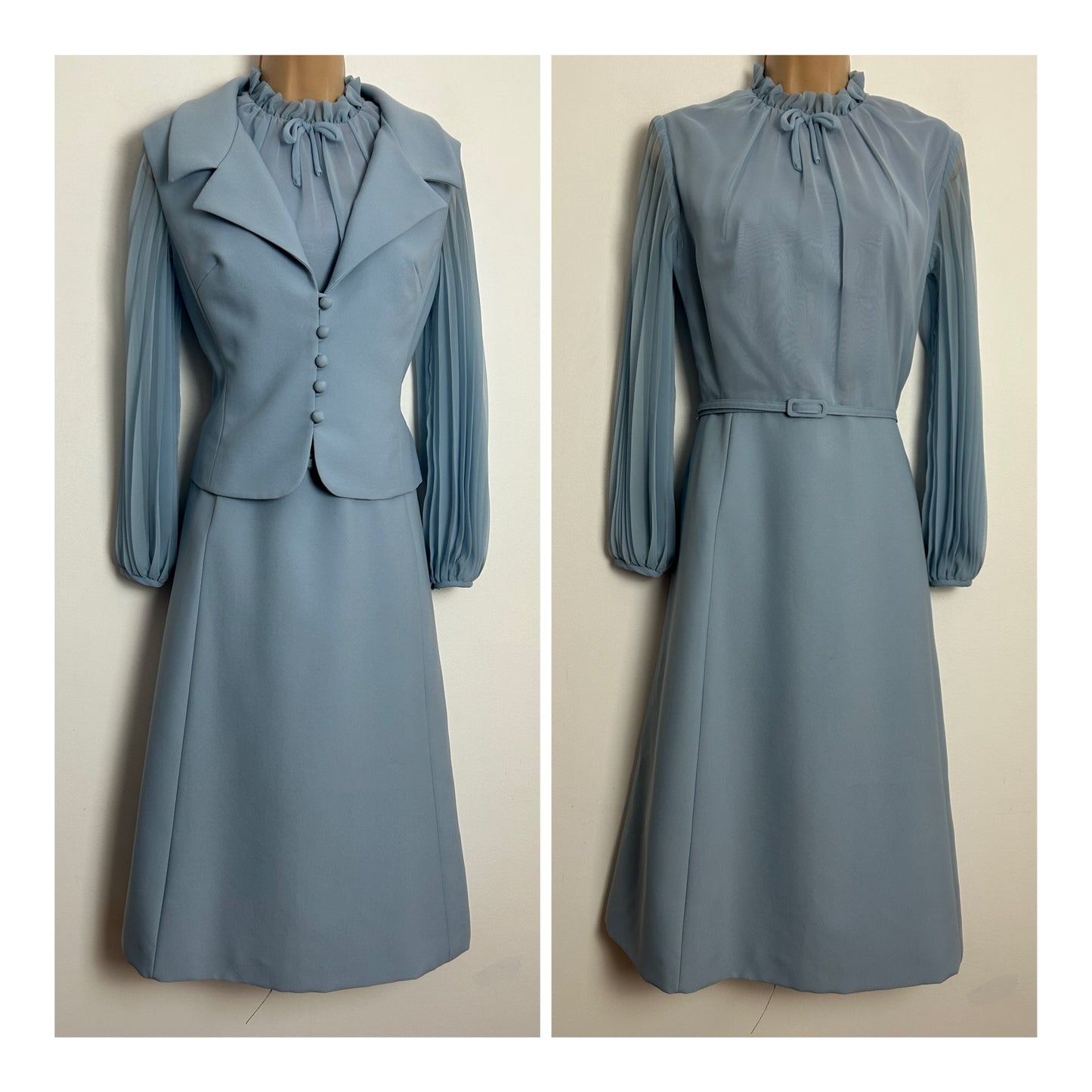 Vintage 1960s PEGGY FRENCH COUTURE UK Size 10 Powder Blue Long Pleated Sleeve Belted Dress With Matching Sleeveless Jacket