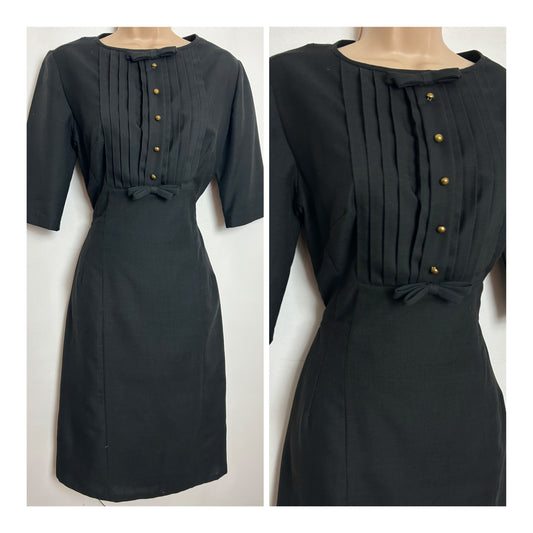 Vintage 1960s Size 8-10 Black Pleated Bow Detail Short Sleeve Tie Back Little Black Mod Dress