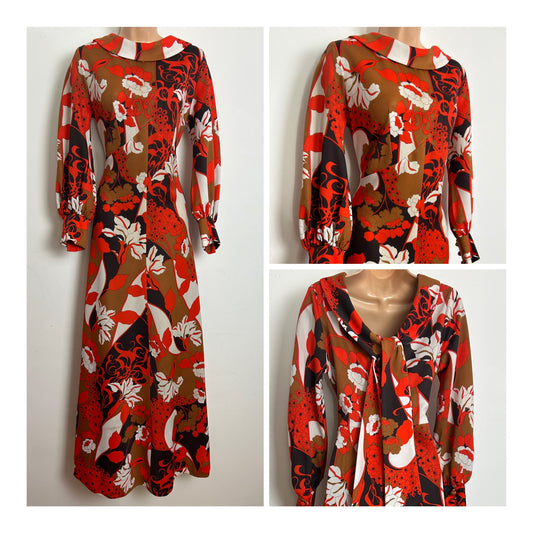 Vintage 1970s Size 12 Orange Brown & white Floral Print Long Sleeve Scarf Back Maxi Dress
